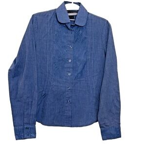 Adolfo Chambray Blue Button-up Pleated Blouse Lace Front and Cuff Women Size S